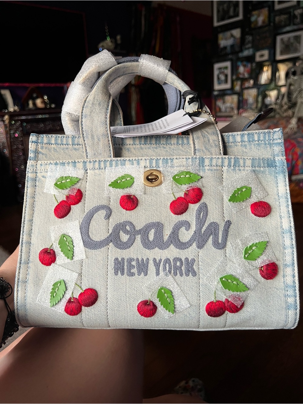 Coach Denim Cherry Embroidered Tote - Light Blue/Red/Green